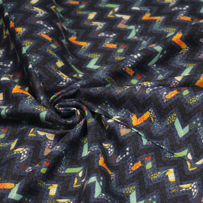Tissu popeline coton zig zag bleu, noir et fines fleurs multicolores - TissusPapi.com