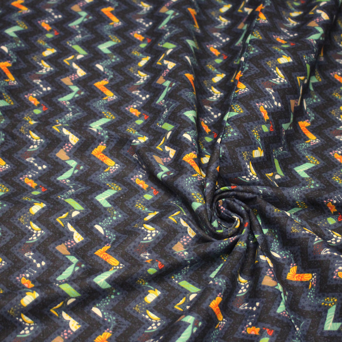 Tissu popeline coton zig zag bleu, noir et fines fleurs multicolores - TissusPapi.com