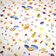 Tissu cotonnade aux DESSINS D'ENFANT multicolores, fond blanc - TissusPapi.com