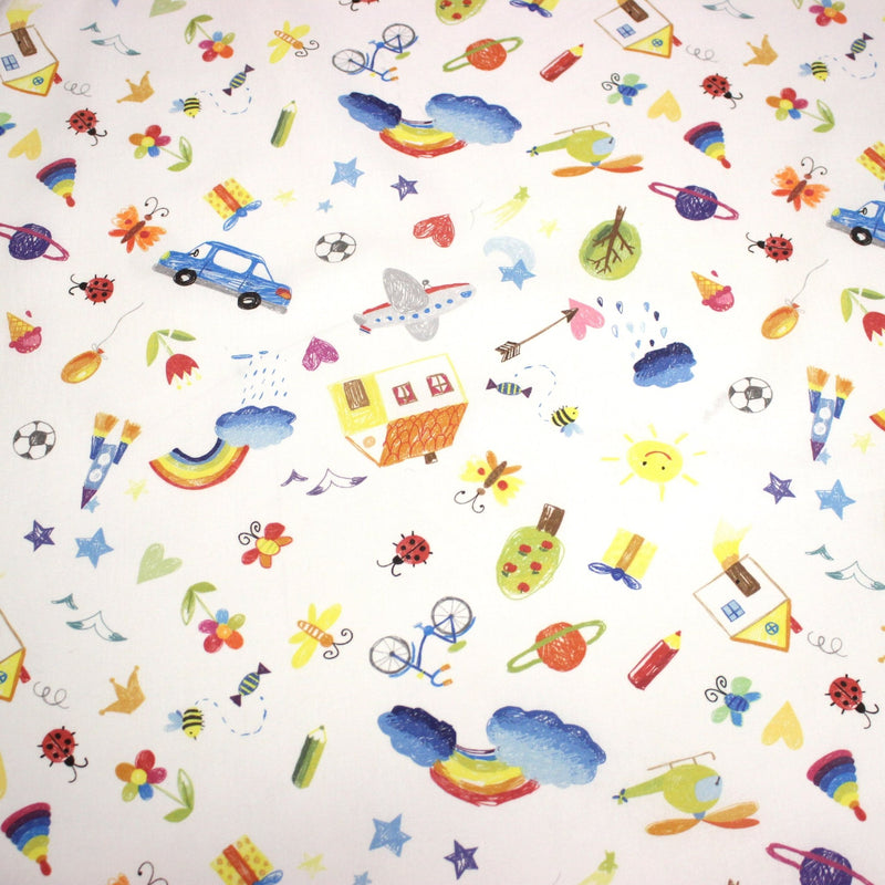 Tissu cotonnade aux DESSINS D'ENFANT multicolores, fond blanc - TissusPapi.com