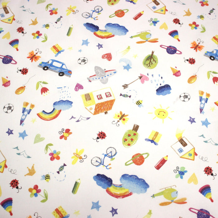 Tissu cotonnade aux DESSINS D'ENFANT multicolores, fond blanc - TissusPapi.com