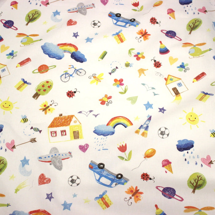 Tissu cotonnade aux DESSINS D'ENFANT multicolores, fond blanc - TissusPapi.com