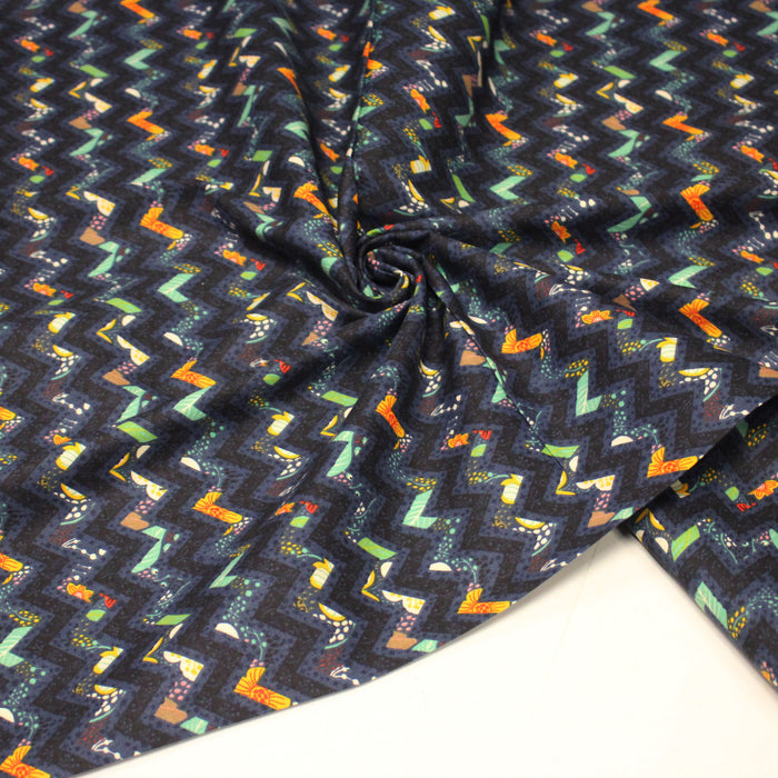 Tissu popeline coton zig zag bleu, noir et fines fleurs multicolores - TissusPapi.com