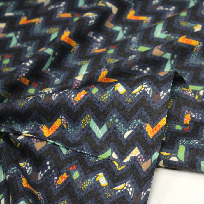 Tissu popeline coton zig zag bleu, noir et fines fleurs multicolores - TissusPapi.com