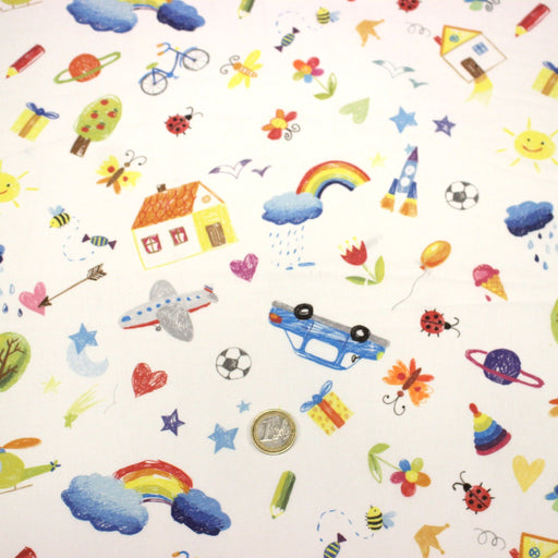 Tissu cotonnade aux DESSINS D'ENFANT multicolores, fond blanc - TissusPapi.com