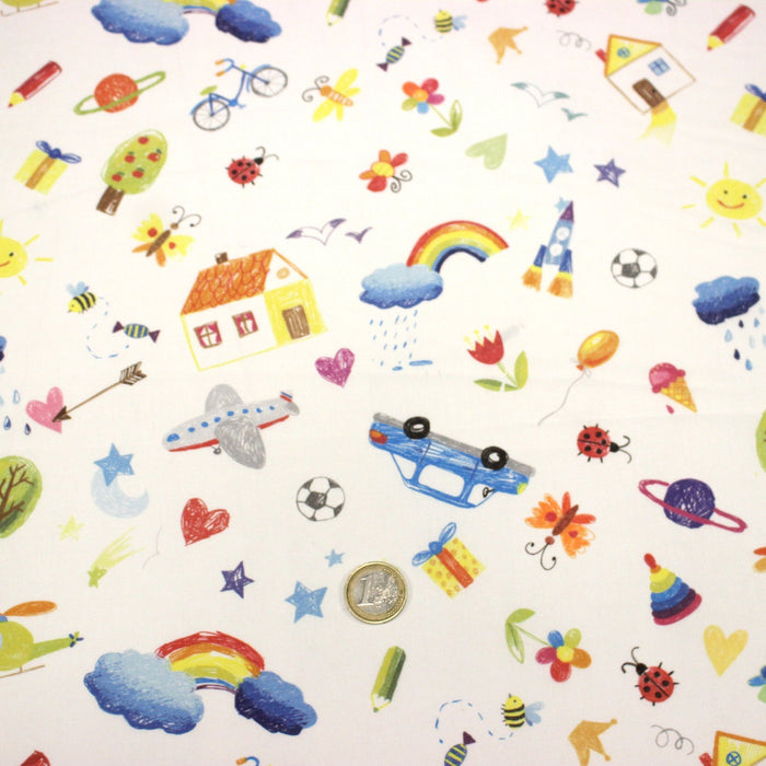 Tissu cotonnade aux DESSINS D'ENFANT multicolores, fond blanc - TissusPapi.com