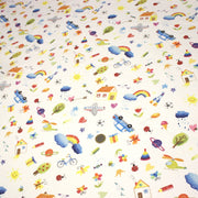 Tissu cotonnade aux DESSINS D'ENFANT multicolores, fond blanc - TissusPapi.com