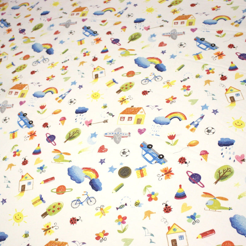 Tissu cotonnade aux DESSINS D'ENFANT multicolores, fond blanc - TissusPapi.com