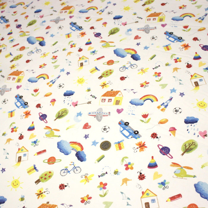 Tissu cotonnade aux DESSINS D'ENFANT multicolores, fond blanc - TissusPapi.com