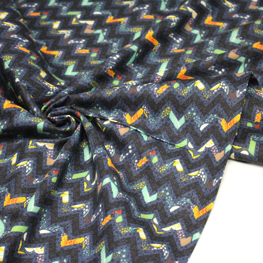 Tissu popeline coton zig zag bleu, noir et fines fleurs multicolores - TissusPapi.com