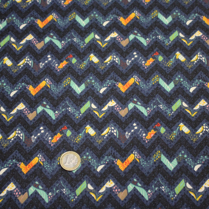 Tissu popeline coton zig zag bleu, noir et fines fleurs multicolores - TissusPapi.com