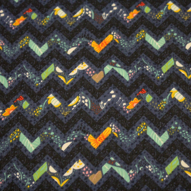 Tissu popeline coton zig zag bleu, noir et fines fleurs multicolores - TissusPapi.com
