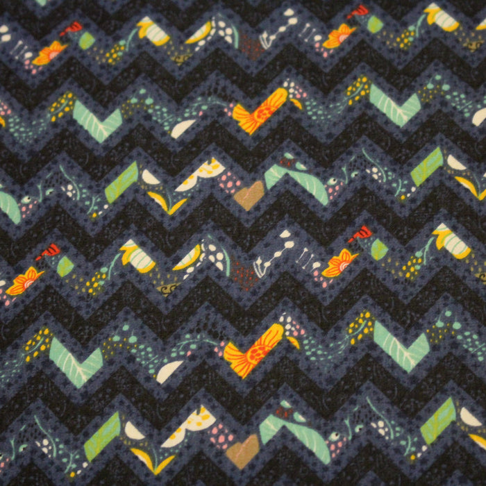 Tissu popeline coton zig zag bleu, noir et fines fleurs multicolores - TissusPapi.com