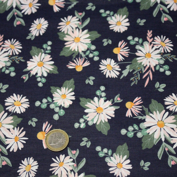 Tissu popeline coton bleu aux marguerites blanches et jaunes - TissusPapi.com