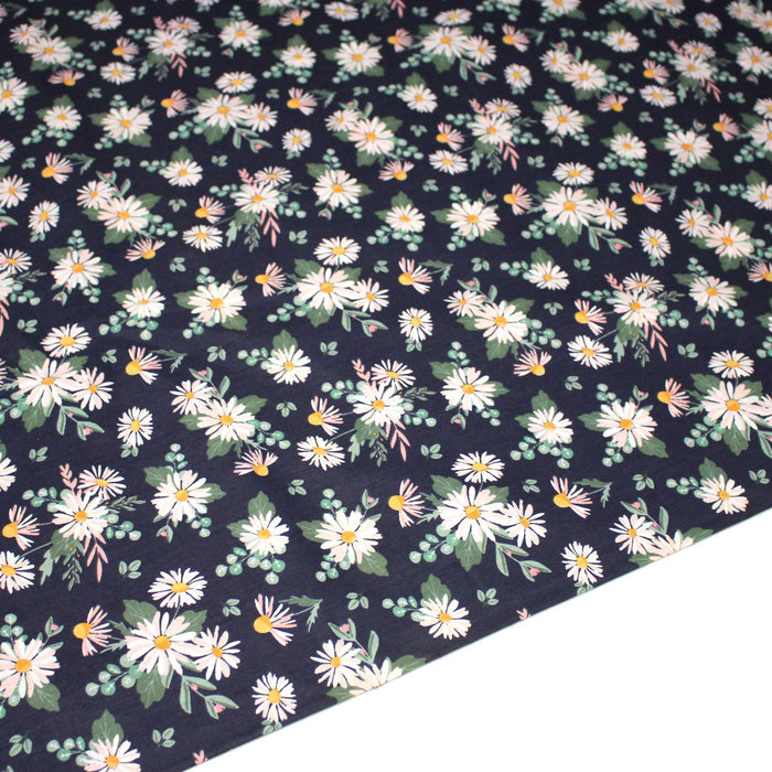 Tissu popeline coton bleu aux marguerites blanches et jaunes - TissusPapi.com
