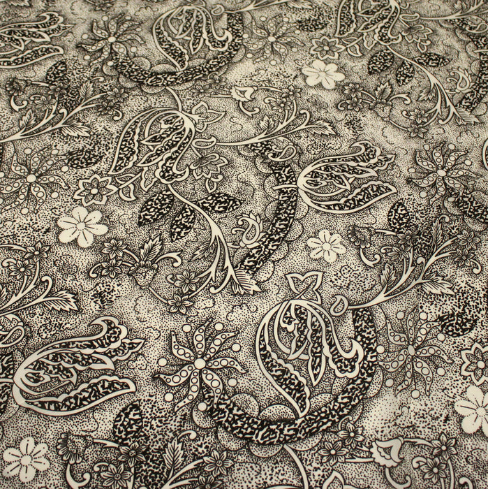 Tissu viscose fluide écru aux fleurs indiennes noires - COLLECTION KALAMKARI