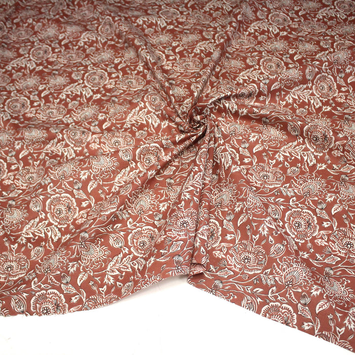 Tissu de coton fleuri indien aux fleurs, fond marron caramel - COLLECTION KALAMKARI - OEKO-TEX