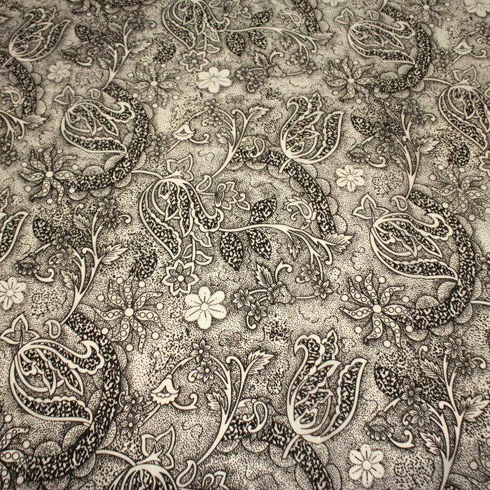 Tissu viscose fluide écru aux fleurs indiennes noires - COLLECTION KALAMKARI