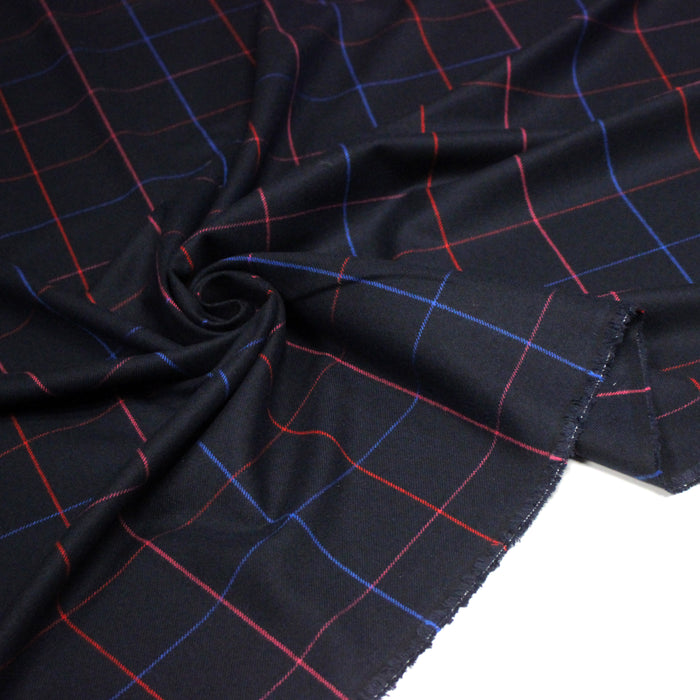 Tissu draperie lainage bleu nuit motif windowpane aux liserés roses rouges et bleu roi