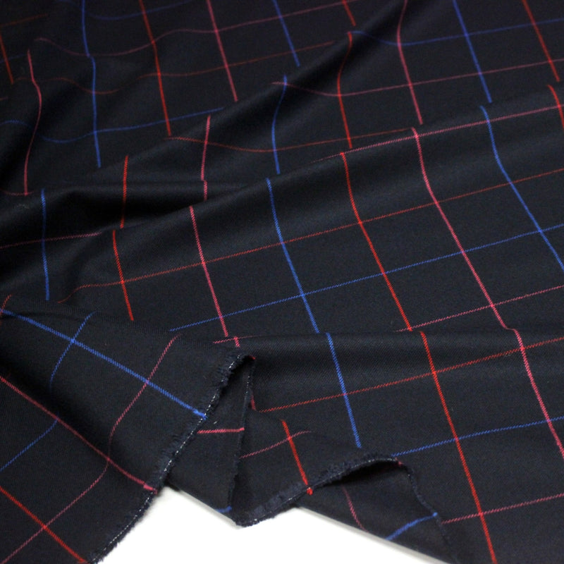 Tissu draperie lainage bleu nuit motif windowpane aux liserés roses rouges et bleu roi - TissusPapi.com
