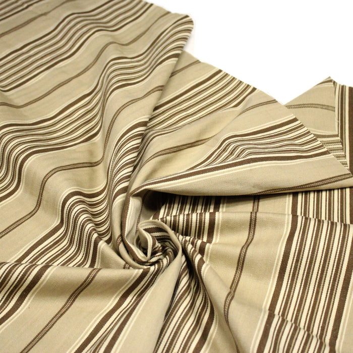 Tissu toile à matelas coton CAMARET, rayures marrons et cappuccino