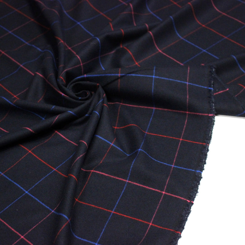 Tissu draperie lainage bleu nuit motif windowpane aux liserés roses rouges et bleu roi - TissusPapi.com