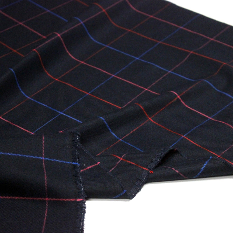 Tissu draperie lainage bleu nuit motif windowpane aux liserés roses rouges et bleu roi - TissusPapi.com