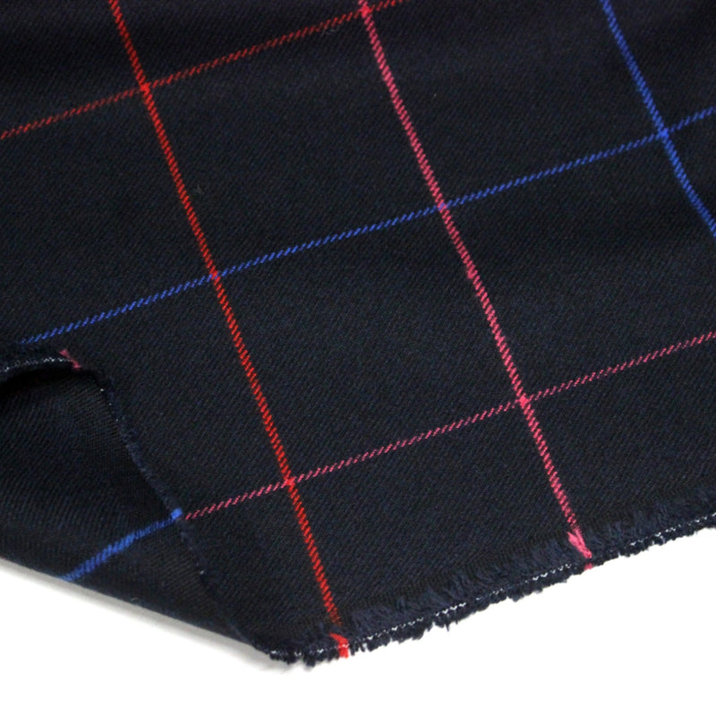 Tissu draperie lainage bleu nuit motif windowpane aux liserés roses rouges et bleu roi - TissusPapi.com