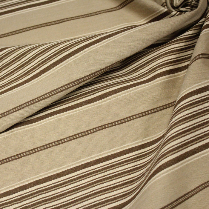 Tissu toile à matelas coton CAMARET, rayures marrons et cappuccino