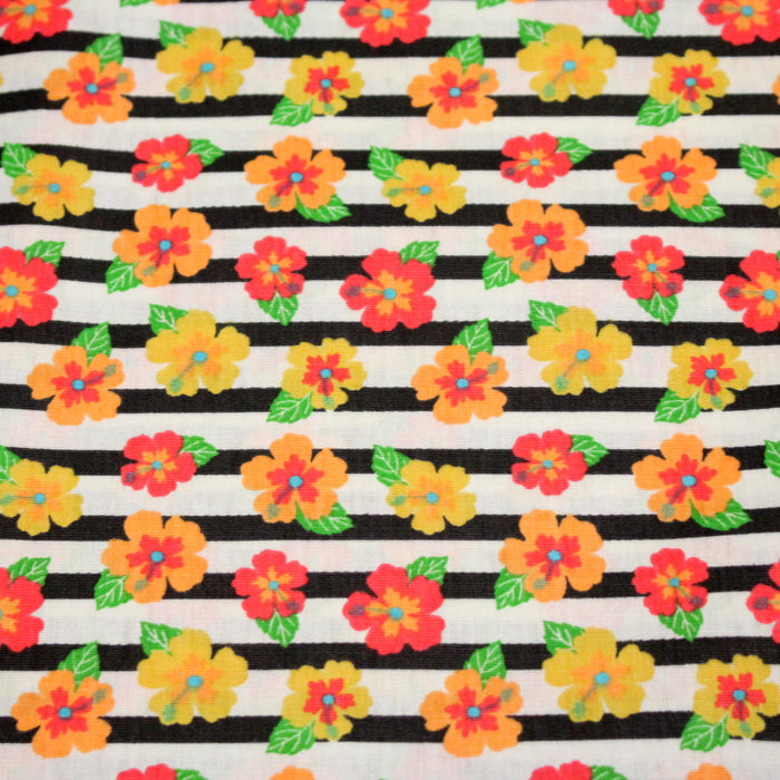 Tissu popeline coton, rayures écrues et noires aux fleurs d'hibiscus multicolores - TissusPapi.com