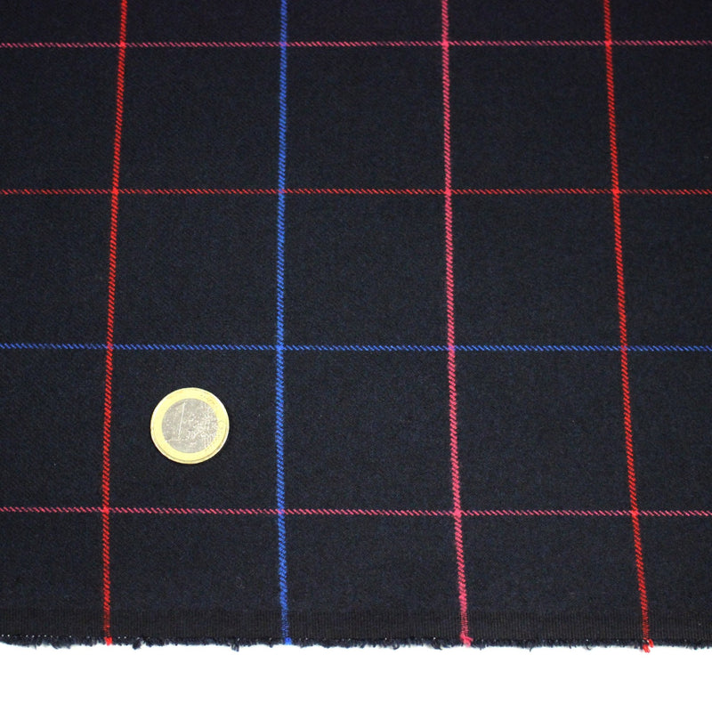 Tissu draperie lainage bleu nuit motif windowpane aux liserés roses rouges et bleu roi - TissusPapi.com