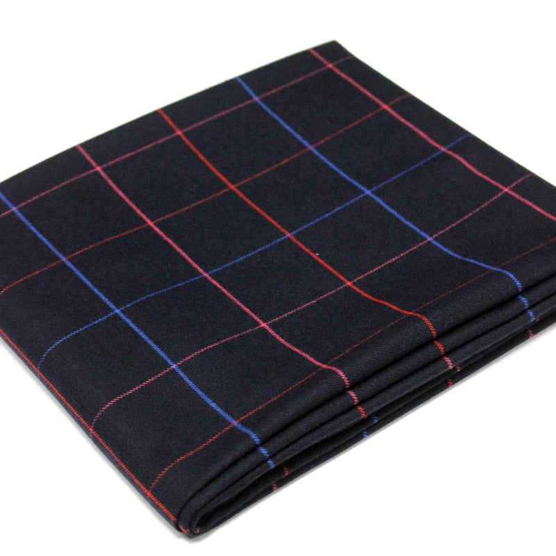 Tissu draperie lainage bleu nuit motif windowpane aux liserés roses rouges et bleu roi - TissusPapi.com