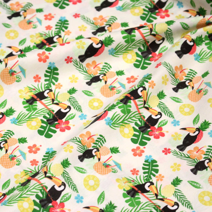 Tissu popeline coton écru aux toucans et plantes tropicales multicolores - TissusPapi.com