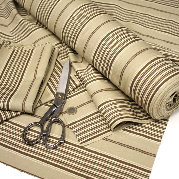 Tissu toile à matelas coton CAMARET, rayures marrons et cappuccino