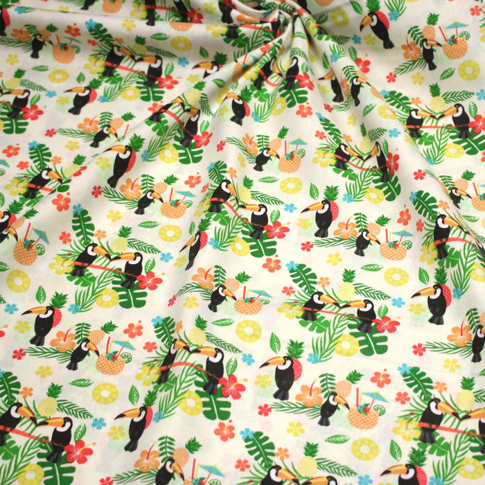 Tissu popeline coton écru aux toucans et plantes tropicales multicolores - TissusPapi.com