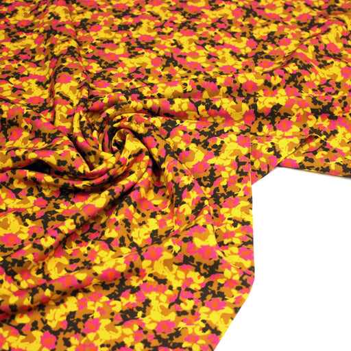 Tissu Viscose fluide MAKIA, floral jaune et rose, fond ocre - STANDARD 100 OEKO - TEX - TissusPapi.com