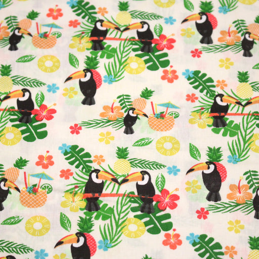 Tissu popeline coton écru aux toucans et plantes tropicales multicolores - TissusPapi.com