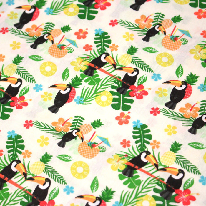 Tissu popeline coton écru aux toucans et plantes tropicales multicolores - TissusPapi.com
