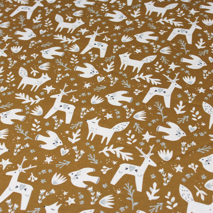 Tissu de coton NOËL ocre aux animaux et motifs de Noël blancs & gris - OEKO-TEX® - tissuspapi