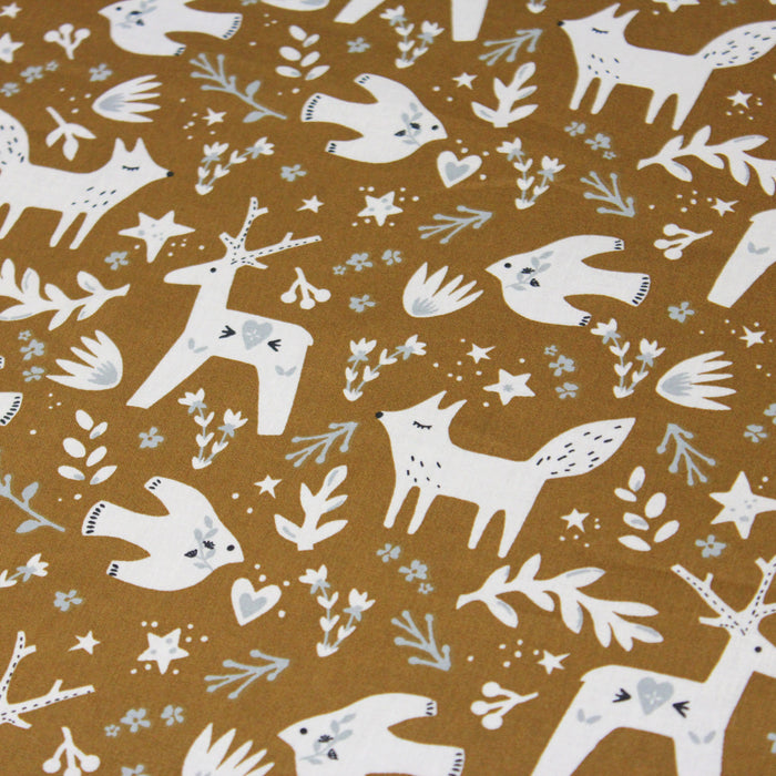 Tissu de coton NOËL ocre aux animaux et motifs de Noël blancs & gris - OEKO-TEX® - tissuspapi