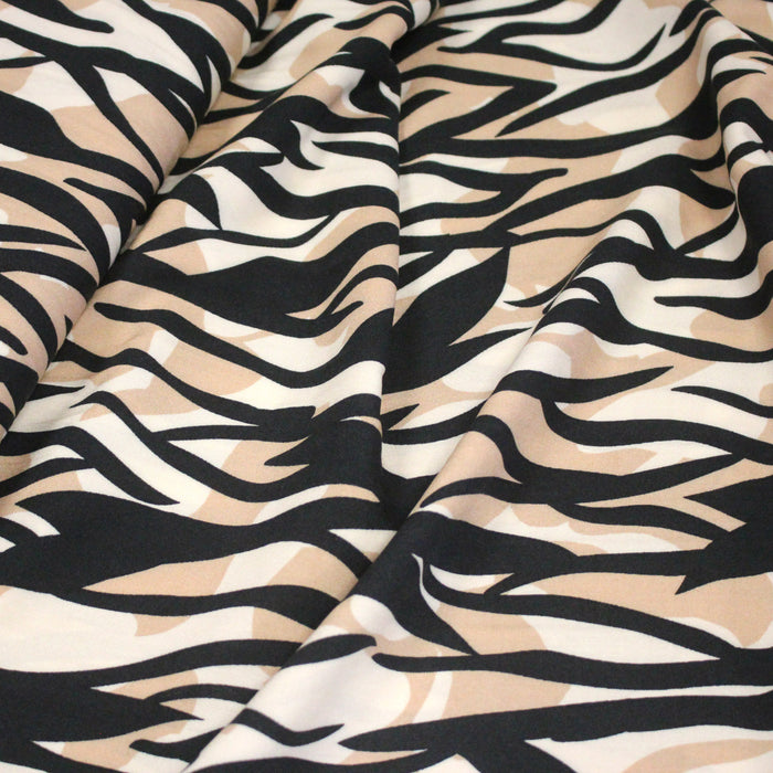 Tissu Viscose fluide TIGA, motif zébré aux tons naturels, écrus, noirs - OEKO-TEX