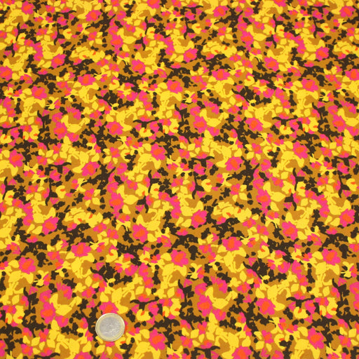Tissu Viscose fluide MAKIA, floral jaune et rose, fond ocre - STANDARD 100 OEKO - TEX - TissusPapi.com