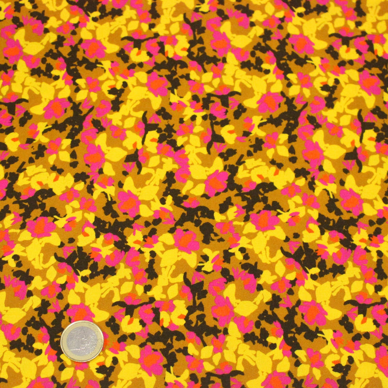 Tissu Viscose fluide MAKIA, floral jaune et rose, fond ocre - STANDARD 100 OEKO - TEX - TissusPapi.com