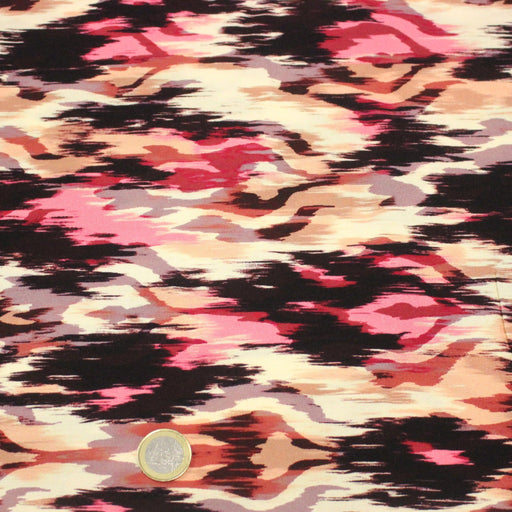 Tissu Viscose fluide motif IKAT rose, chocolat, écru - STANDARD 100 OEKO - TEX - TissusPapi.com