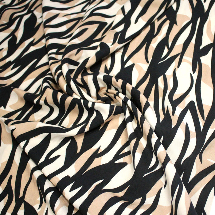 Tissu Viscose fluide TIGA, motif zébré aux tons naturels, écrus, noirs - OEKO-TEX