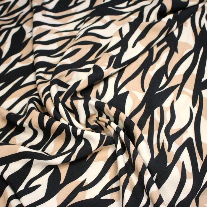 Tissu Viscose fluide TIGA, motif zébré aux tons naturels, écrus, noirs - OEKO-TEX