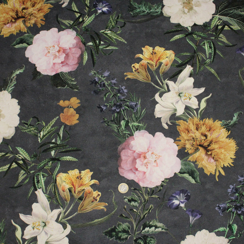Tissu de coton demi - natté ROMANTISME aux grandes fleurs jaunes, roses et blanches - OEKO - TEX - TissusPapi.com