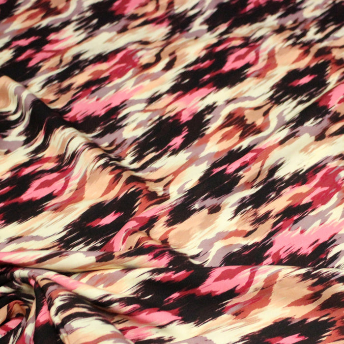 Tissu Viscose fluide motif IKAT rose, chocolat, écru - STANDARD 100 OEKO - TEX - TissusPapi.com
