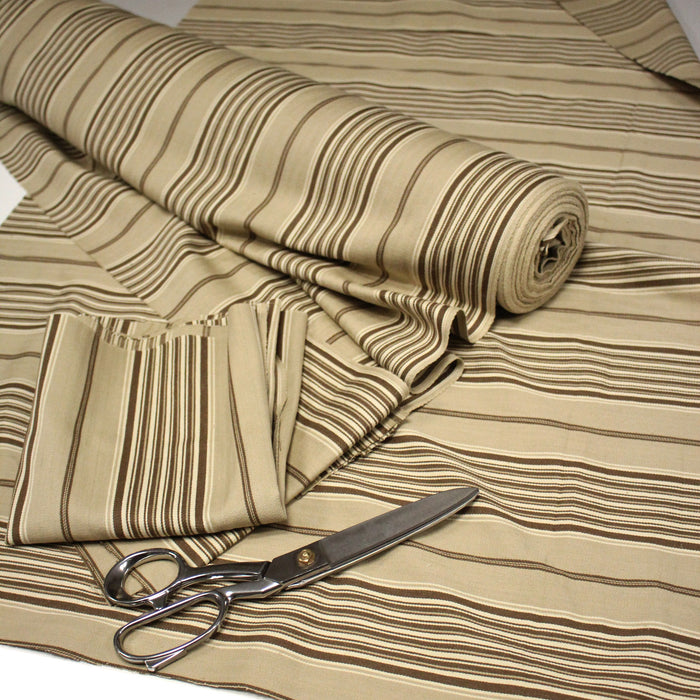 Tissu toile à matelas coton CAMARET, rayures marrons et cappuccino