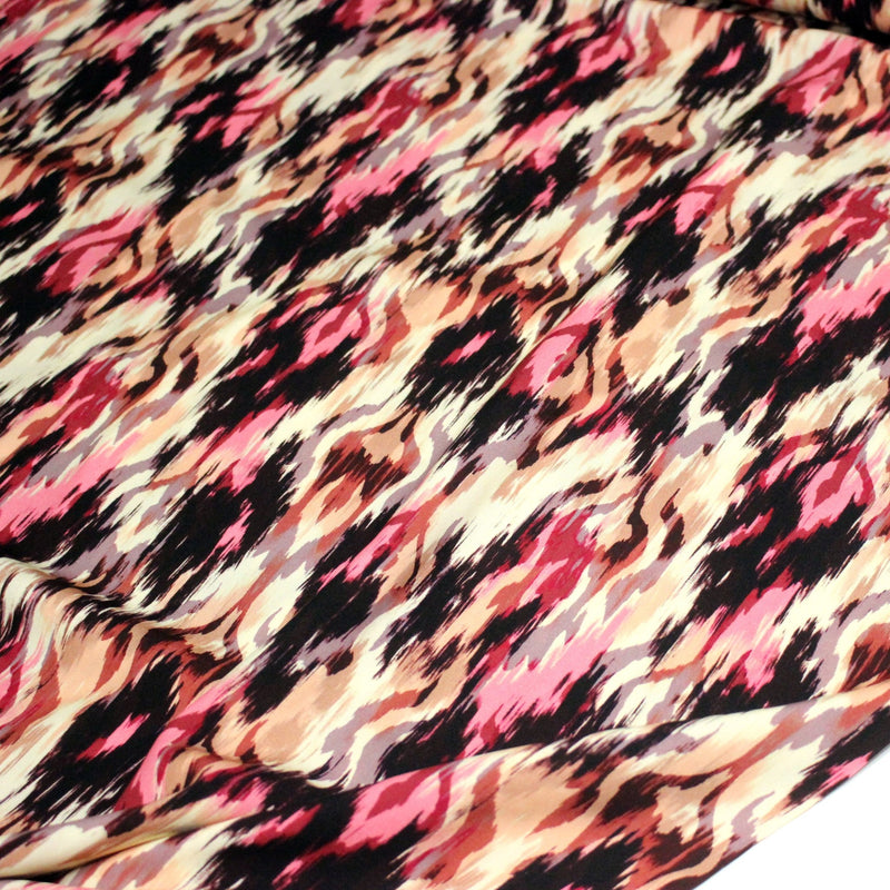 Tissu Viscose fluide motif IKAT rose, chocolat, écru - STANDARD 100 OEKO - TEX - TissusPapi.com